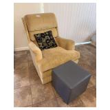 Tan Upholstered Recliner Armchair with Pillow and Grey Storage Ottoman