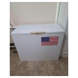 White Chest Freezer with American Flag Decal and Interior Storage Basket