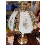 Two Brass Finish Lamps with Floral Glass Shade and Pleated Shade