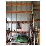 Assorted Shop Tools, Hardware, and Storage Shelving Lot