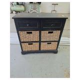 Black Painted Wood Storage Cabinet with Two Drawers and Four Woven Baskets