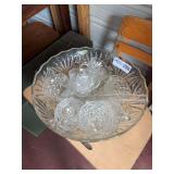 Clear Pressed Glass Punch Bowl Set with Cups and Ladle