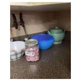 Kitchenware Assortment Including Glass Jar, Bowls, and Dish Rack