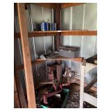 Shop Shelving Lot with Assorted Hardware, Tools, and Small Engine Parts