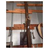 Two-Man Crosscut Saw with Wooden Handle and Accompanying Hand Tool