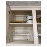 Cabinet Contents Including CorningWare Blue Cornflower Casserole Dishes and Kitchenware