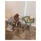 Assorted Garden Decor Including Birdhouses, Accent Table, and Wind Chimes