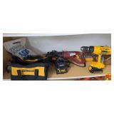 Assorted Power Tools and Accessories Including DeWalt Drill, Chicago Electric Reciprocating Saw, Worx Saw, and Copper Tubing