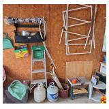 Garage Workshop Content Lot Including Shelf, Propane Tanks, PVC Frames, and Tools (Ladder is Lot 221)