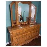 Oak Bedroom Dresser with Tri-Fold Mirror
