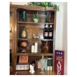 Wooden China Cabinet Shelf Contents Including Decor and Books