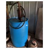 Blue Plastic Barrel with Hand Pump and Associated Metal Container