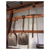 Lot of Two Metal Shovels and One Pickaxe with Wooden Handles