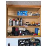 Shop Cabinet Lot with Power Pro Craft Battery Tester, Sprayer Pump, Spray Paint, Tools, and Spools of Wire