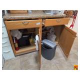 Cabinet Contents Including Tools, Hardware, Keurig Brewer, and Aurora Paper Shredder