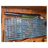 Three Blue Plastic Hardware Cabinets with Assorted Fasteners, Brass Fittings, and Shop Supplies