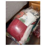 Assorted Lot of Linens, Pillows, and Storage Bins