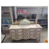 Vintage French Provincial-Style 3-Piece Bedroom Suite:  9-drawer triple dresser, matching scroll-topped mirror & queen poster head/footboards