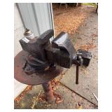Red Folding Pipe Vise Stand and Metal Bench Vise on Stand