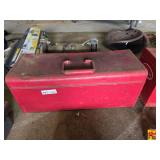 Red Metal Toolbox with Assorted Hand Tools and Sockets