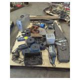 Pallet Of Miscellaneous Including Gun Scabbard, Electric Shop Tools, Metal Case &  More
