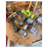 Assorted Hex Dumbbells Including 10 lb, 20 lb, and Coated Pairs