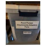 Storage Tote with Pond Pumps, Attachments, Adapters, and Parts