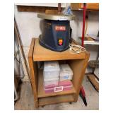 Ryobi Oscillating Spindle Sander on Wooden Rolling Cabinet (Contents in Cart Sold in Lot 102)