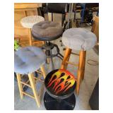 Assorted Stools Including Wooden Bar Stools, Swivel Shop Stool, and Flame Seat Stool