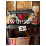 Assorted Household Goods, Wire Storage Basket, and Moving Box Lot