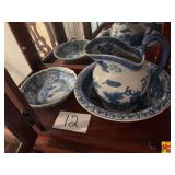 Blue and White Pitcher With Basin & Bowl