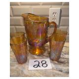 Marigold Iridescent Carnival Glass Pitcher & Tumblers