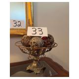 Metal Pedestal Bowl with Decorative Crackle Glass Spheres