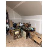 Attic Contents Lot Including Shelving, Seasonal Decor, Artwork, and Household Goods