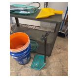 Metal Utility Cart with Grease Gun, Saw Blade, and Buckets