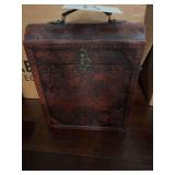 Decorative Wood Box with Leaf Carving, Carrying Handle & Compartments