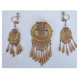 14k Gold Moorish Revival Brooch and Earrings