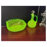 #269 • Cross and Angel, Uranium Glass Pitcher Decanter and Bowl