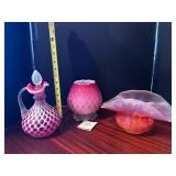 #333 • Fenton Cranberry Coin Dot Cruet, Hand Made Joe St Clair Piece, Ruffled Glass Bowl