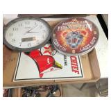 metal Texaco sign & 2) clocks