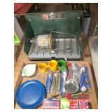 camp stove, propane lantern, dishes & matches