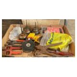 oil cans, clamps, misc. shop, plastic box &