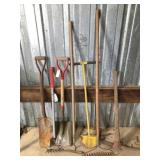 3) shovels, 2) picks, 2) rakes & 1) hoe