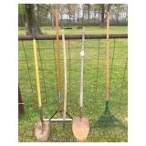 2 shovels, yard broom, rake & squeegee