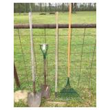 2 shovels, rake, yard broom