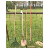 shovel rake, yard broom, grubbing hoe