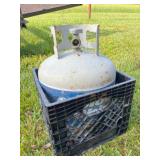 Propane bottle 1/2 full in crate
