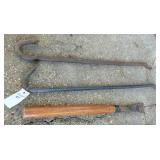 2 crowbars, 1 flat bar w wood handle