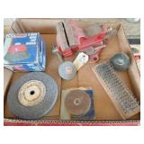 Box of grinding stones & brushes & 3.5" vise