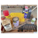 wood spades, WD40, mitre box & misc.